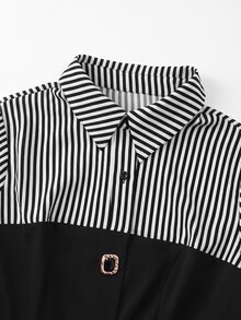 GlowEve CURVE Plus Size Women's New Striped Patchwork Lapel Metal Button Long Sleeve Shirt And Trousers 2-Piece Set, Minimalist Elegant Versatile Office Outfit, Spring/Autumn - Black - View 4