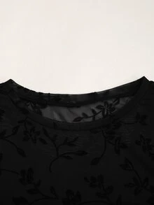 SHEIN 兒童青少年女孩休閒優雅街頭風蕾絲植絨網紗圓領長袖T恤附內搭背心，萬聖節套裝 - 黑色 - 查看 6