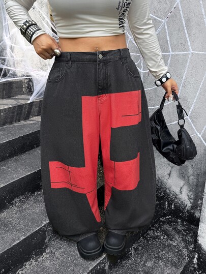Jeanoix Y2K Plus Size Black Red Cross Print Black Cargo Jeans Women Loose Wide Leg Curved Hem Personalized Street Style Harem Black Long Pants