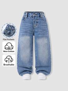 SHEIN 少女 Y2K 街頭風日常彈性腰直筒牛仔褲，附平口袋，秋冬 OOTD - 中等水洗藍 - 查看 4