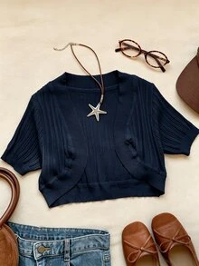 SHEIN EZwear 女款素色休閒百搭日常開襟衫 - 藏蓝色 - 查看 4