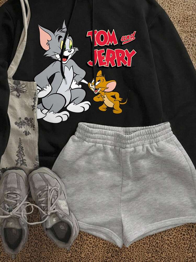 TOM & JERRY X SHEIN SHEIN EZwear Women's Cartoon Pattern Casual Daily Sweatshirt - Black - View 3