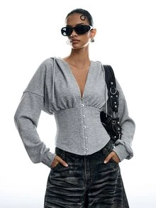 LYSMO Women's Drop Shoulder Long Sleeve Front Button Sweatshirt, Style - Grey - View 1