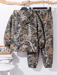 SHEIN 2件組兒童小男孩休閒日常百搭舒適拼接連帽半拉鍊套頭寬鬆長袖夾克與寬鬆慢跑褲梭織套裝，適合學校、花園、海灘、生日 - 彩色 - 查看 2