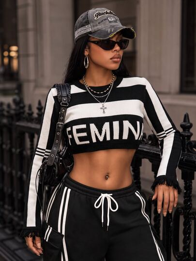 BamGleam Women's Knit Sweater Long Sleeve Tassel Ultra Cropped Fitted Black & White Striped LONDO Casual Commute Sexy Party Evening Gathering Outfit