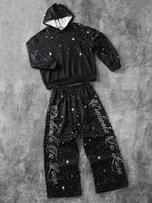 SHEIN 2件組 青少年男孩休閒極簡秋季新款 Y2K 嘻哈風酷感英文字母圖案寬鬆連帽衛衣與直筒長褲套裝，適合秋冬穿著 - 黑色 - 查看 5