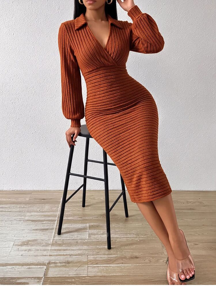 SHEIN Lady Gaun Midi Polos Pas Badan untuk Wanita, Cocok untuk Perjalanan Sehari-hari - Rust Brown - View 6