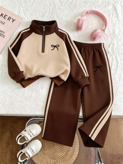 Setelan 2 Potong Bayi Perempuan Kasual Modis Musim Semi Musim Gugur Musim Dingin, Baju Sweatshirt Kerah Tegak & Celana Panjang Lebar, Motif Pita Manis dan Keren, Setelan untuk Jalan-jalan, Kain Lembut, Gaya Celana Panjang Lebar Modis, Setelan Pakaian Anak Perempuan Musim Semi Musim Gugur Musim Dingin, Setelan Celana Panjang Lebar Anak Perempuan