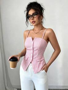 Elenzga 女款條紋休閒百搭日常穿著細肩帶背心上衣 - 粉色 - 查看 3