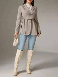 Heiryn Women's Solid Color Lapel NeckSide Waist Tie Casual Blazer - Khaki - View 6