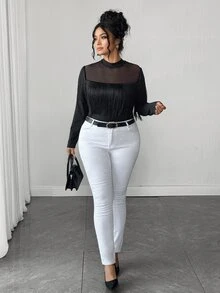 SHEIN Elenzya Plus Size Women's Elegant Commuter Slim Fit Casual T-Shirt With Tassel Mesh Patchwork Design Long Sleeve Fall - Black - View 3