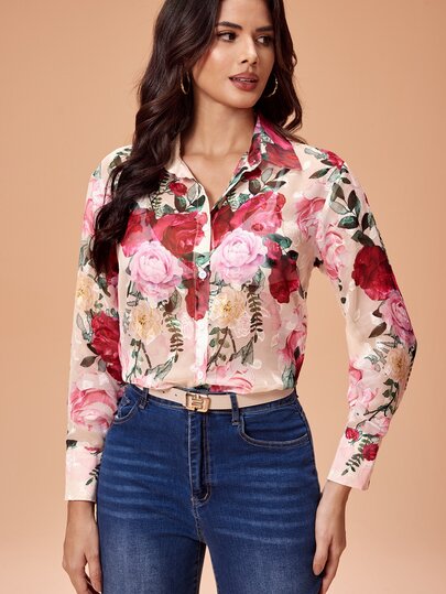 Glamance Floral Print Long Sleeve Shirt, Elegant Mature Casual Sexy For Outing, Work, Office, Daily Wear, Party, Birthday, Vacation, Middle East Travel, Beach, Wedding Bridesmaid, Cocktail Party, Bohemian, Halloween, Back To School, Independence Day