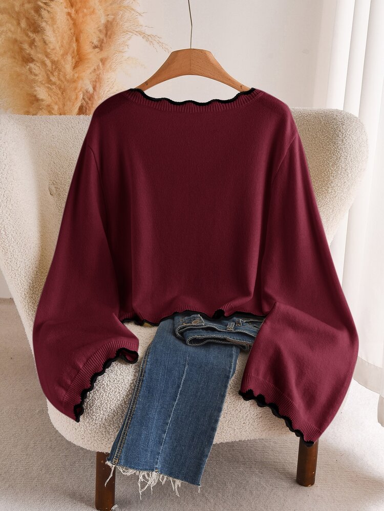 CosyJoli Plus Size Women's Colorblock Casual Versatile Daily Wear Long Sleeve Sweater - Burgundy - View 2