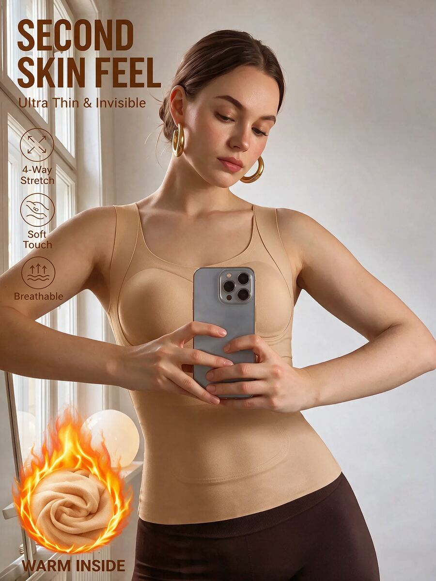 SHEIN EZwear Winter Solid Color Seamless Warm Vest - Apricot - View 1