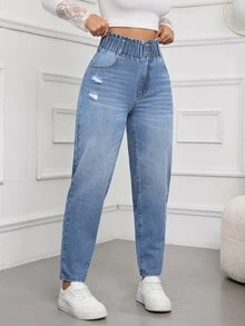 SHEIN Tall 女款破洞設計休閒日常牛仔褲 - 淺色水洗藍 - 查看 6