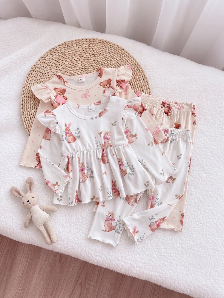 SHEIN Vintaside Kids 4pcs/Set Baby Girl Autumn Outfit Cute Rabbit & Bear Print Long Sleeve Ruffle Top With Pants Casual Home Wear - Multicolor - View 3