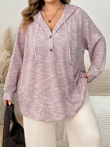 SHEIN CURVE+ Plus Size Women's Hooded Drawstring Button Waffle Knit Loose Casual Sweatshirt, Autumn/Winter Fall - Pink - View 1