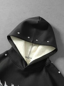 ROMWE MEN Dark Metal Style Rivet Lamb Wool Hooded Sweatshirt, Eyeball Skull Print Child Of God Distressed Thickened American High Street Heavyweight Hoodie - Black - View 7