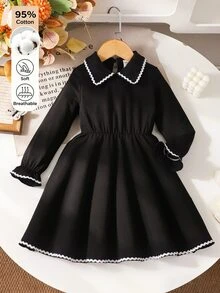 SHEIN Souflis 女童拼色休閒日常夏季旅行洋裝 - 黑色 - 查看 1