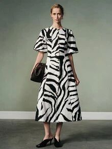 Aveloria Modichic Summer/Autumn Black And White Contrast Zebra Animal Print Round Neck Button-Front Mid-Sleeve Lantern Sleeve Cinched Waist Women's Long Dress, Elegant - Multicolor - View 6
