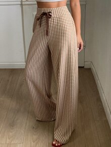 DAZY Plaid Drawstring Tie Straight Leg Long Pants Casual Formal Korean Style Autumn/Winter Women's Sweatpants Vacation - Brown - View 3