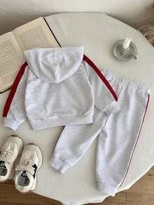 SHEIN 男嬰秋冬兩件套長袖拉鍊連帽衛衣與慢跑長褲，舒適百搭日常運動極簡風，適合室內/戶外、運動、派對、假期、返校 - 彩色 - 查看 4