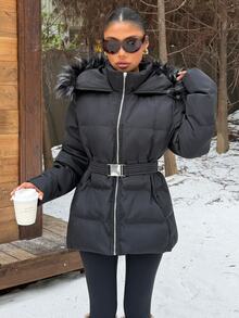 Muchica Winter Fashion Versatile Black Hooded Jacket With Belt Club Everyday Streetwear Casual - Black - View 7