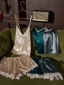 SilkySpell 6pcs Solid Color Satin Lace Patchwork Camisole Sleepwear Set - Multicolor - View 4