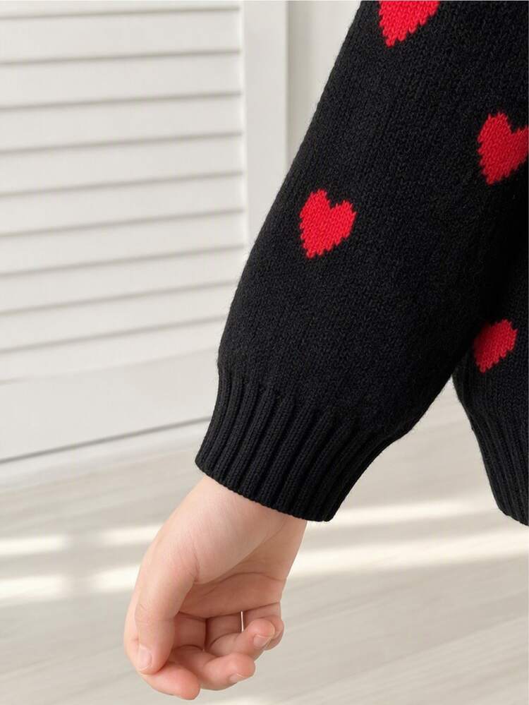 SHEIN Playful Pals Girls' Autumn/Winter Thick Fashionable Bowknot Cute Minimalist Knitted Sweater Long Sleeve Cardigan - Black - View 5