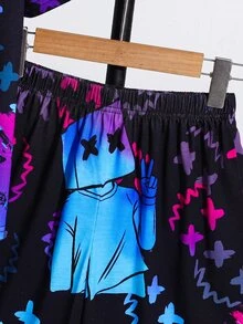 SHEIN 小男孩全印花短袖T恤與短褲休閒日常穿搭套裝 - 彩色 - 查看 3