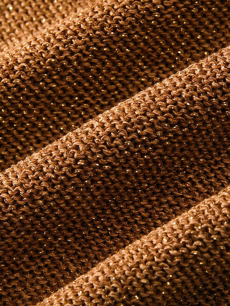 SHEIN New Spring Fall Glam Lurex Knit Slant Cut V Neck Top Women Drop Shoulder Three Quarter Cuff Sleeve Rel - Brown - View 5