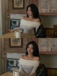 DAZY Solid Color Slim Fit Open Shoulder Long Sleeve Casual Romantic Elegant Vacation Spring/Autumn Top Women's T-Shirt Date Off-White - White - View 2