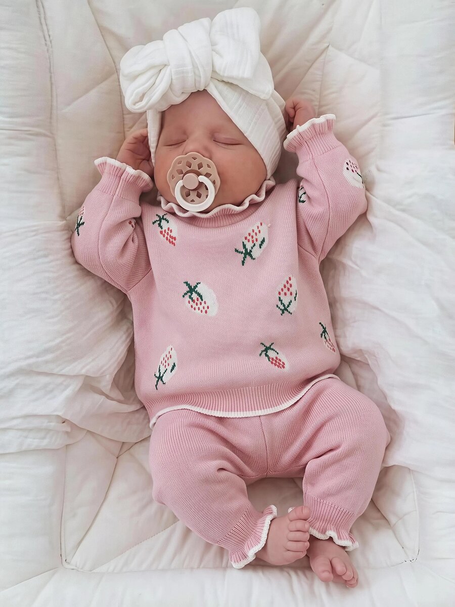 SHEIN Newborn Baby Strawberry Pattern Long Sleeve Sweater And Knitted Pants Casual Set - Pink - View 1