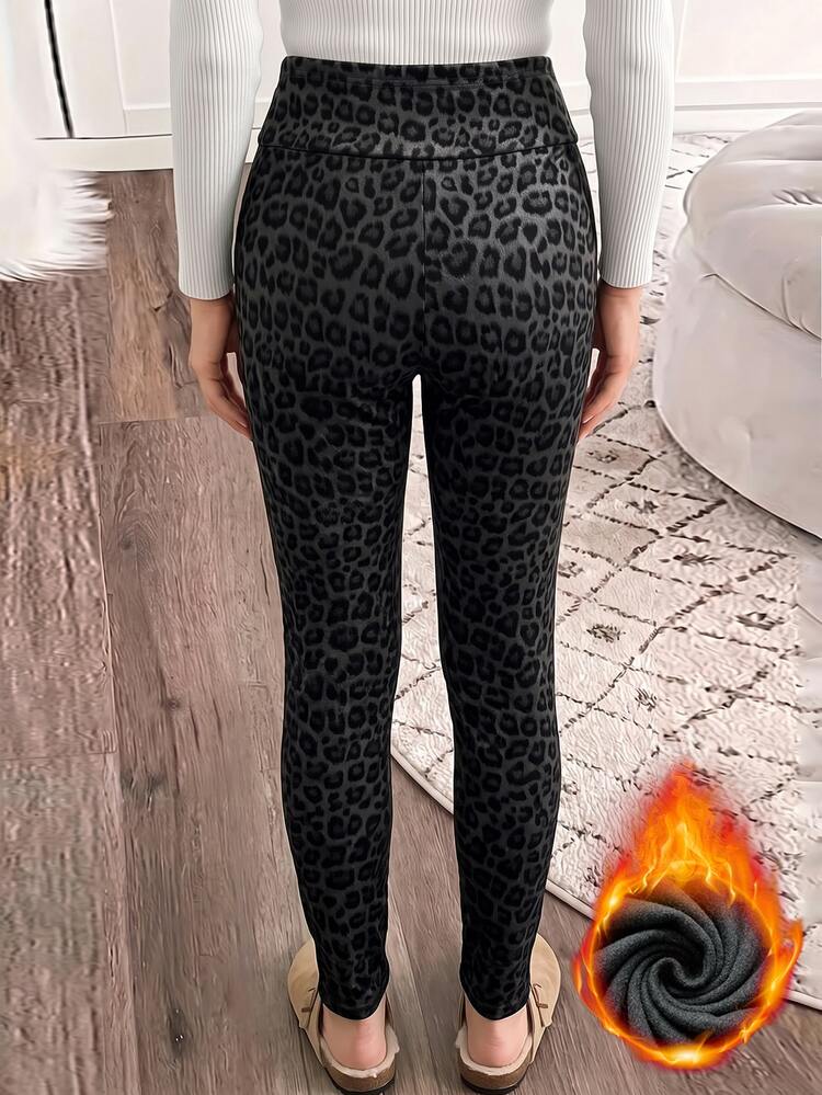 Louniche Women's Autumn/Winter Faux Lace Embossed Brushed Brushed Fashion Daily Versatile Long Leggings - Black - View 2