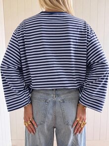 SHEIN EZwear 海外長袖海軍藍與淺藍條紋襯衫，秋季上衣，適合日常通勤、聚會、秋冬春夏、聖誕節、新年、感恩節、派對、婚禮、海灘、畢業典禮、優雅、外出、約會、通勤、情人節、優雅、度假、Y2K、畢業典禮等場合 - 彩色 - 查看 2