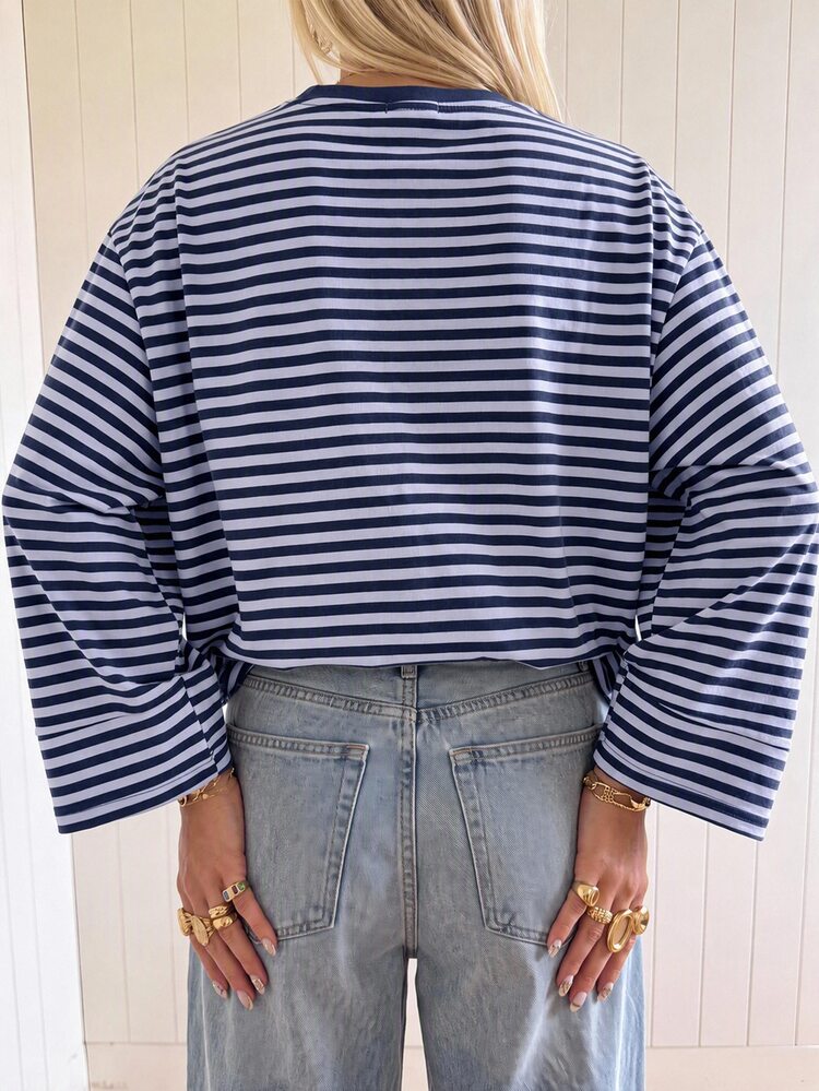 SHEIN EZwear Overseas Long Sleeve Navy Blue & Light Blue Striped Shirt, Autumn Top, Suitable For Daily Commute, Gathering, Autumn/Winter/Spring/Summer, Christmas, New Year, Thanksgiving, Party, Wedding, Beach, Graduation Ceremony, Elegant, Outing, Date, Commute, Valentine's Day, Elegant, Vacation, Y2K, Graduation Ceremony And Other Occasions - Multicolor - View 2