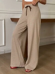 DAZY Plaid Drawstring Tie Straight Leg Long Pants Casual Formal Korean Style Autumn/Winter Women's Sweatpants Vacation - Brown - View 4