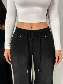 Flexra Vintage Gradient Washed Comfortable Elastic Drawstring Waist Distressed Denim Loose Flared Pants Four-Way Stretch Slimming Leg-Lengthening Bell Bottom Long Pants Commute Slouchy Casual Super Soft Jeans - Black - View 8