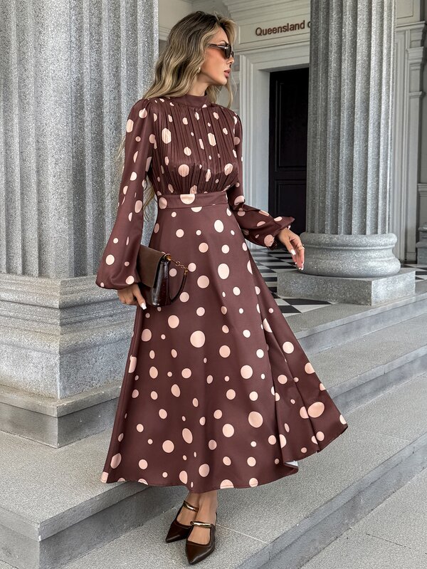 Pariaura 4-Way Stretch Asymmetrical Polka Dot Print Pleated Chest Small Stand Collar Fashion Women's Mid-Length Dress