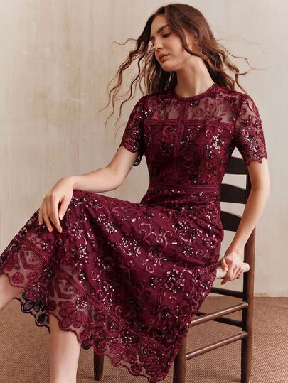 Anewsta Affair Modern Elegant Burgundy Banquet Date 3D Floral Mesh Sequin Short Sleeve Dress For Dinner Evening,Cocktail,Wedding