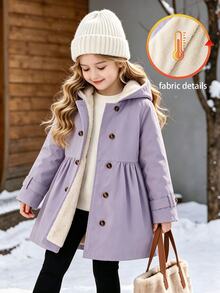 SHEIN Elladie kids 女童冬季外套，淺紫色，保暖內裡，連帽，雙排扣，時尚夾克，適合日常休閒可愛穿搭 - 紫色 - 查看 1