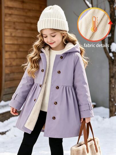 SHEIN Elladie kids Girls' Winter Coat, Light Purple, Thermal Lined, Hooded, Double-Breasted, Fashionable Jacket, Suitable For Daily Casual Cute Outfits