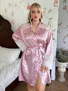 CottageSlumber Plus Size Lace Trim Patchwork Ditsy Floral Faux Silk Nightgown - Pink - View 5