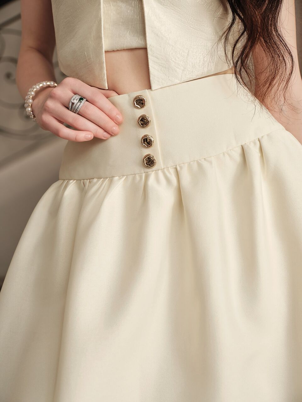 Anewsta Modern Fashion Apricot Ruched A-Line Flared Skirt