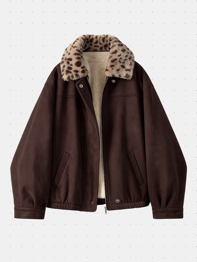 Everyssa Fashionable Vintage Leopard Print Faux Fur Collar Suede Thermal Lined Thickened Maillard Casual Jacket Versatile Commute Outing Women's Jacket