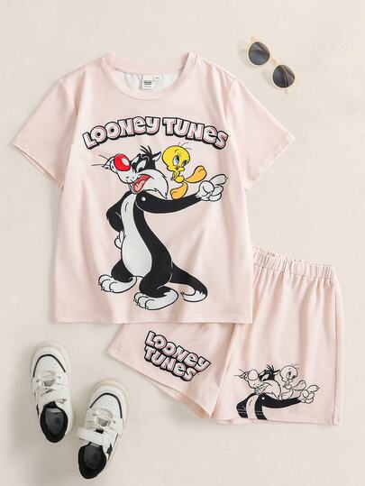 LOONEY TUNES X SHEIN Ensemble pyjama décontracté pour garçon préadolescent avec top à manches courtes imprimé dessin animé et short, pour la maison et le quotidien