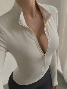 DAZY 女款純色拉鍊休閒百搭日常穿搭T恤 - 白色 - 查看 3