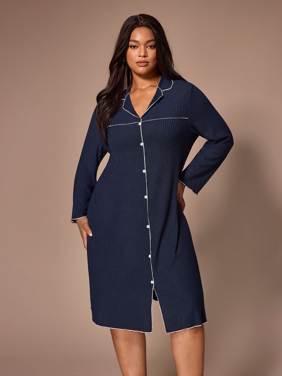 Lazeform Soft Ribbed Wood Ear Trim Cardigan Plus Size Loungewear Nightgown - Navy Blue - View 1