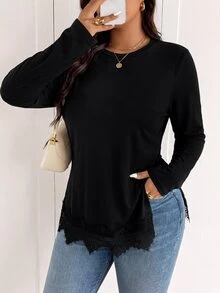 SHEIN Frenchy Plus Size Women's Crew Neck Knitted Striped T-Shirt With Side Slit Design, Comfortable Casual Plus Size T-Shirt - Black - View 3