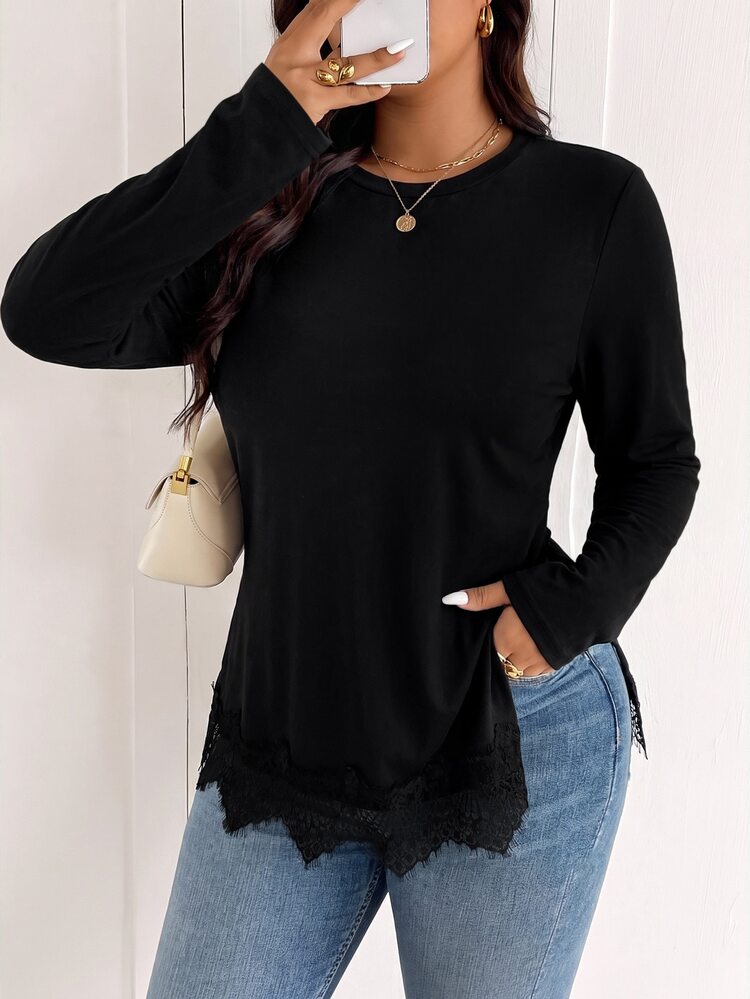 SHEIN Frenchy Plus Size Women's Crew Neck Knitted Striped T-Shirt With Side Slit Design, Comfortable Casual Plus Size T-Shirt - Black - View 2